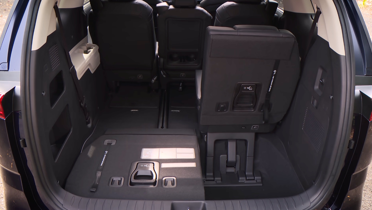 The Kia Carnival's boot with the third row folded flat, showing the full length of the load space